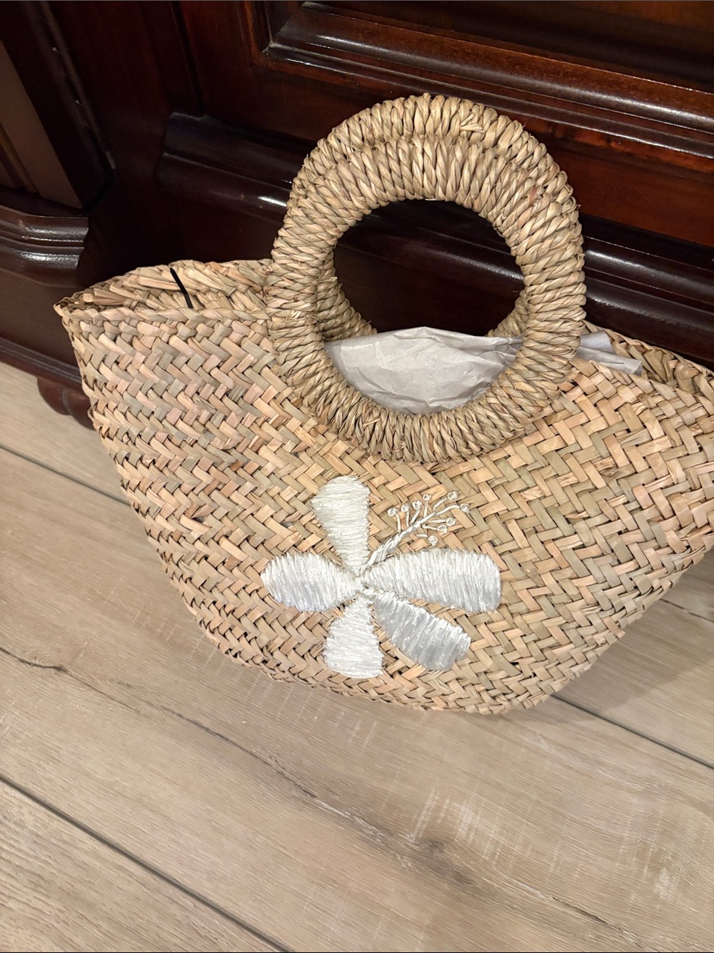 J Crew Woven Straw Circle-Handle Tote Bag with White Floral Accent